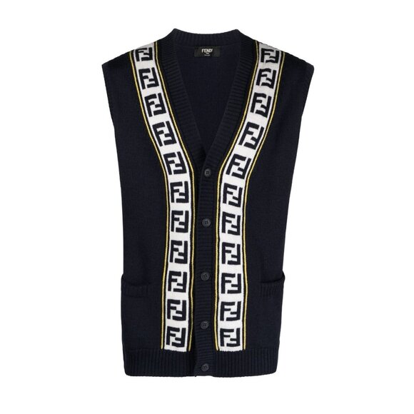 NWT Fendi Logo Intarsia Button-Up Vest Sweater Blue FF Virgin wool 100% Sz 50 - Picture 1 of 10